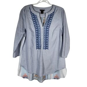 MULTIPLES MIXED PRINT V-NECK ROLL TAB BLOUSE
